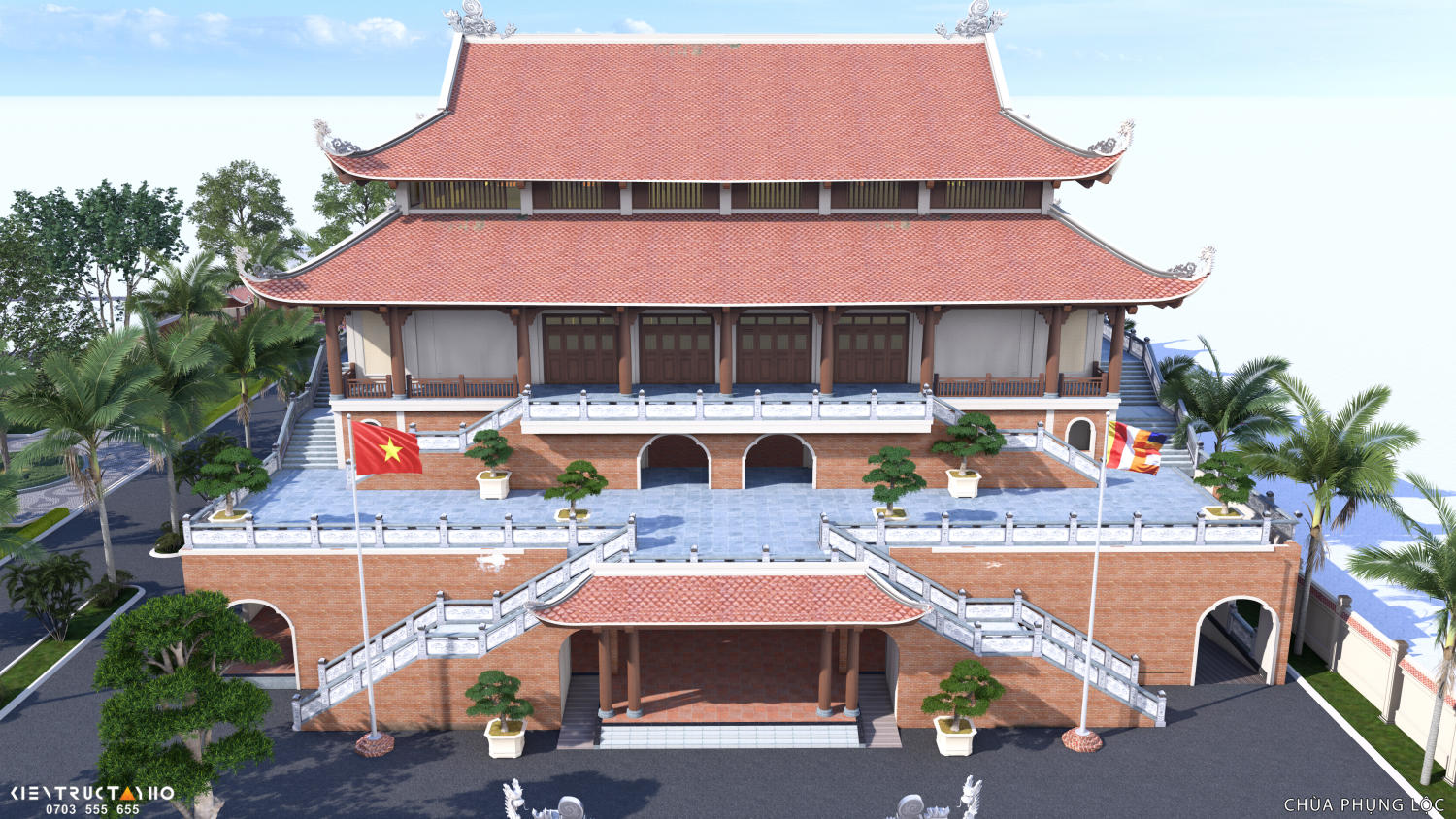 Mặt đứng chính được tổ chức theo trục đối xứng rõ ràng. Khối đế nâng cao kết hợp hệ bậc thang hai bên giúp phân tán dòng di chuyển.Phần mái lớn phía trên tạo điểm dừng thị giác, giữ tỷ lệ ổn định cho toàn bộ công trình.