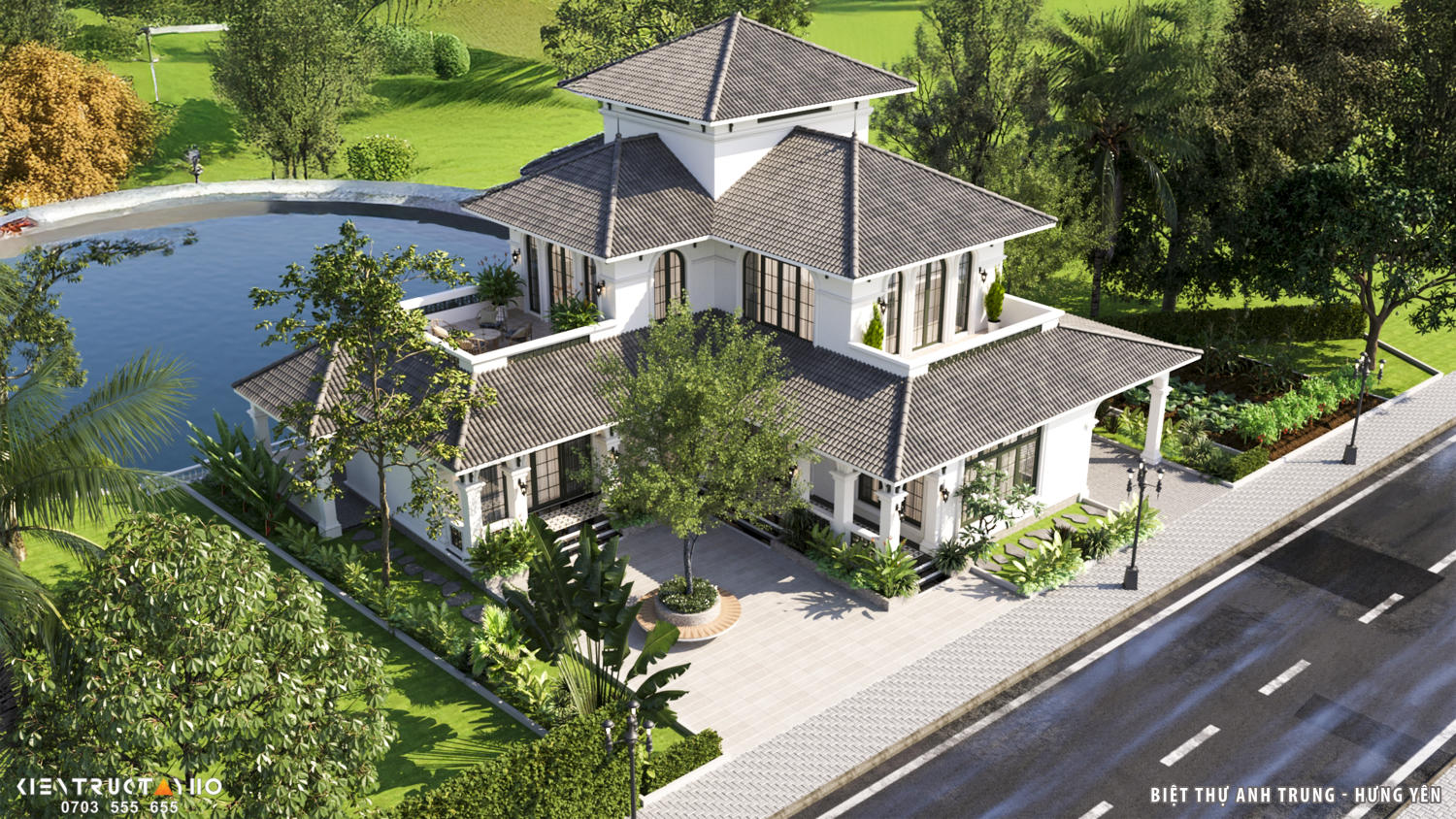 Hình khối trải ngang giúp công trình bám đất vững, giảm cảm giác phô trương. Hệ mái đua sâu và hiên bao quanh tạo lớp đệm chống nắng trực tiếp. Cây xanh sát công trình giúp bề mặt tường luôn có bóng đổ dịu.