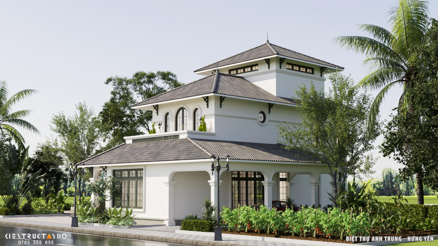 Nhịp vòm – cột – cửa tạo tiết tấu ổn định và dễ chịu. Khoảng sân trước mở rộng dẫn dắt tiếp cận một cách tự nhiên. Lớp hiên phía ngoài kiểm soát ánh sáng trước khi vào không gian chính.