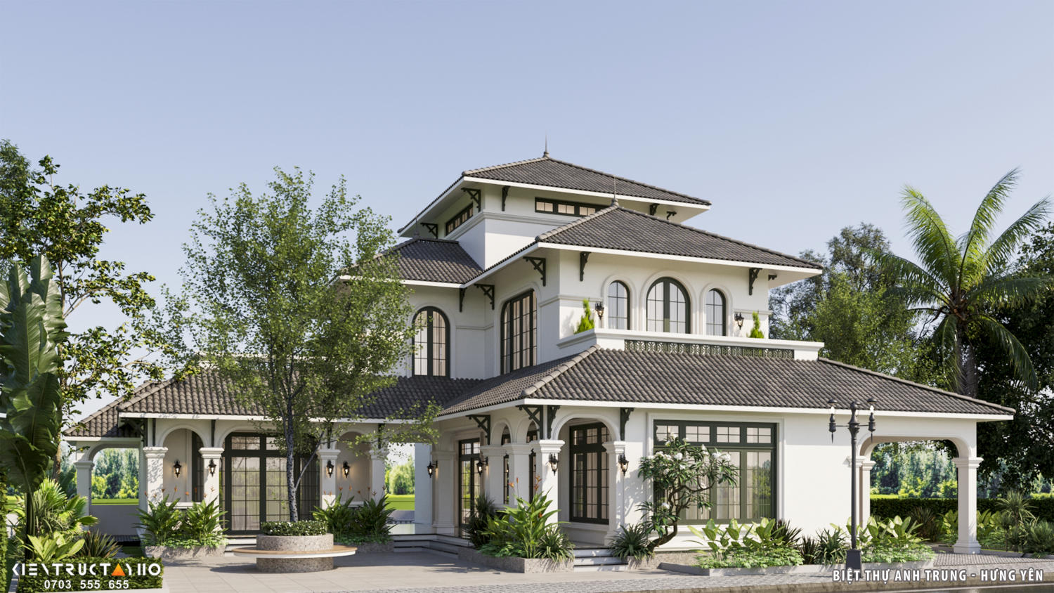 Khối tháp mái trung tâm đóng vai trò thoát nhiệt, hỗ trợ đối lưu không khí. Cửa mở đa hướng giúp ánh sáng phân bổ đều theo nhiều cao độ. Tổng thể giữ được sự cân bằng giữa đối xứng và mềm mại.