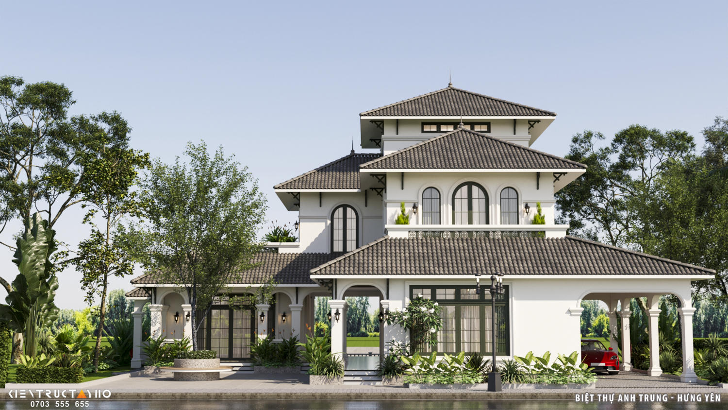 Mặt bên được xử lý đồng đều, không có “mặt phụ” trong thiết kế. Ban công lùi vào giúp giảm nắng trực tiếp và tăng riêng tư. Hệ cửa lớn vẫn giữ kết nối liên tục với cảnh quan.