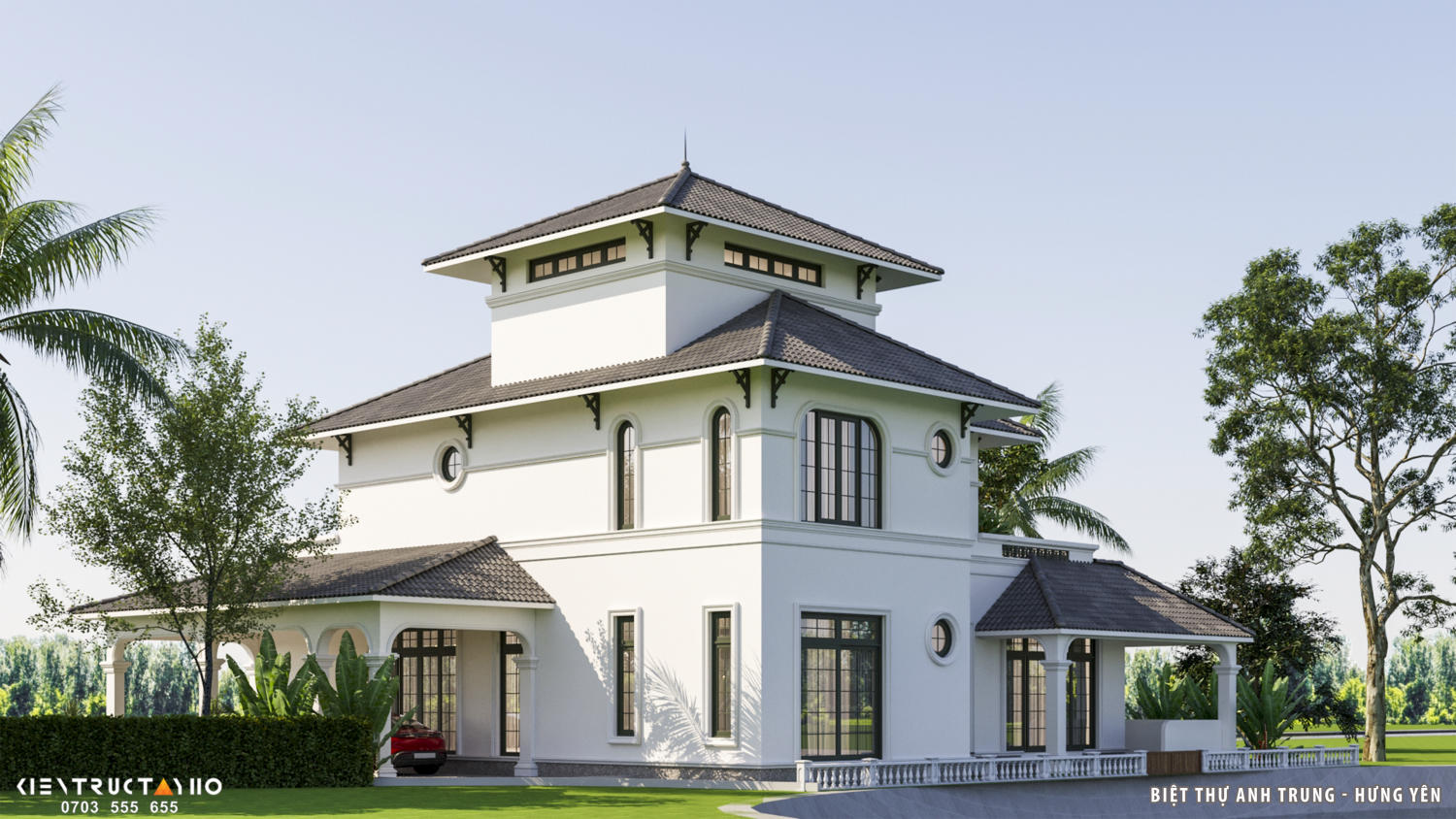 Các cửa mở lớn kéo tầm nhìn ra sân vườn phía sau. Hiên phụ tạo thêm một lớp không gian sử dụng ngoài trời linh hoạt. Sự chuyển tiếp từ sân – bậc – sàn trong nhà được giữ liền mạch và ổn định.