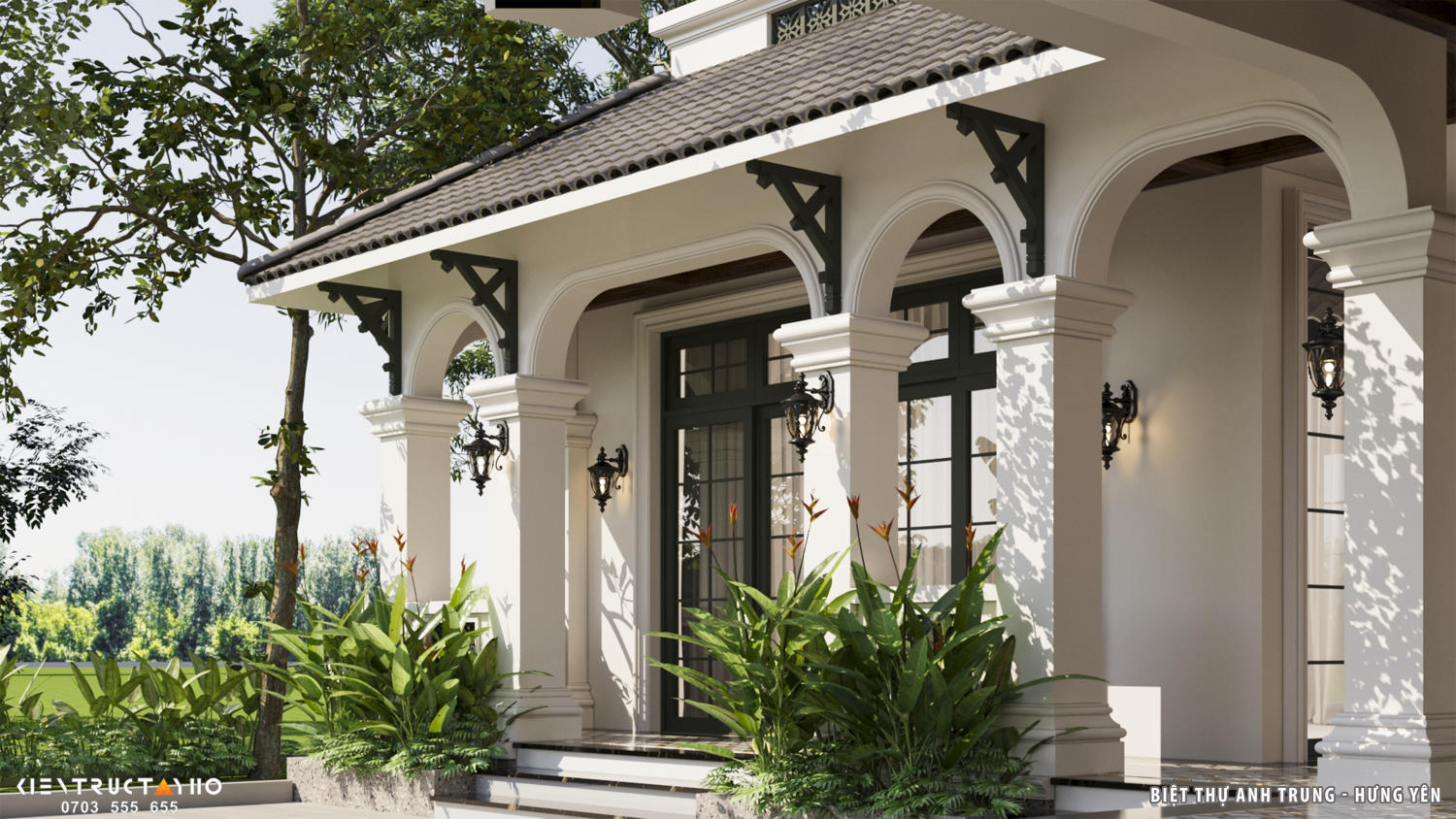 Chi tiết hiên thể hiện rõ độ chính xác trong thi công vòm và cột. Đèn tường bố trí theo nhịp tạo ánh sáng điểm, làm nổi khối vào buổi tối. Cây xanh đặt sát chân cột giúp giảm cảm giác cứng và làm mềm không gian chuyển tiếp.