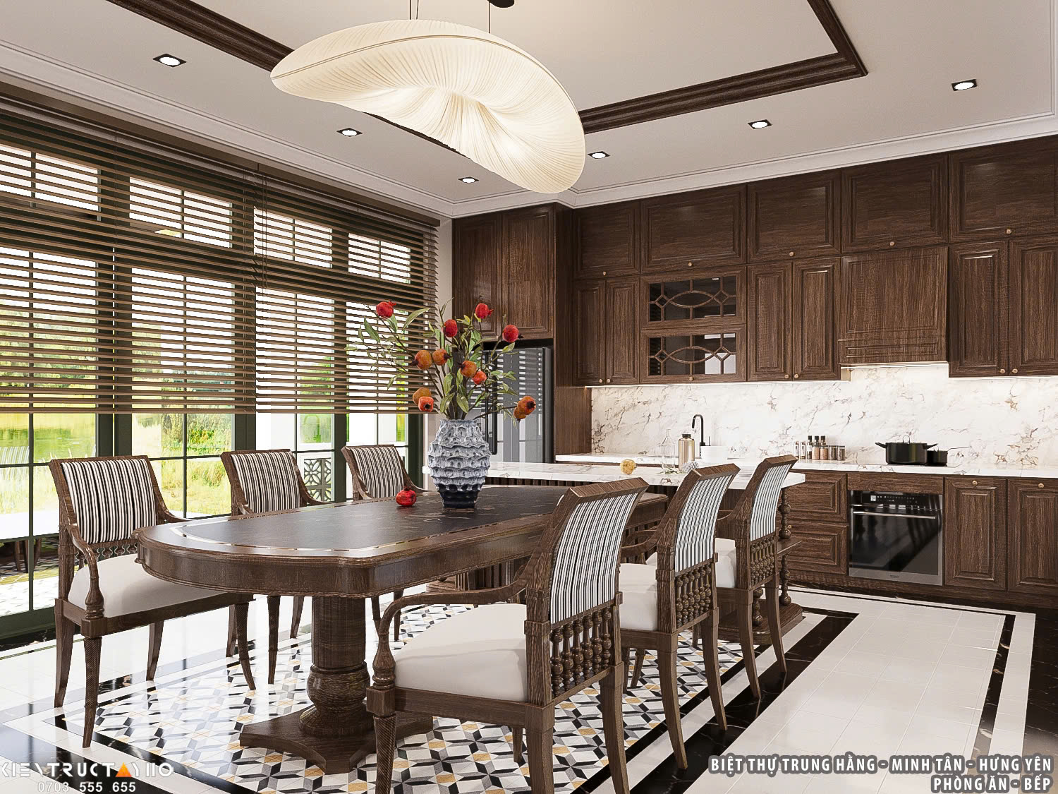 Không gian bếp – ăn được tổ chức liền mạch, đảm bảo công năng sử dụng nhưng vẫn giữ tính thẩm mỹ tổng thể.