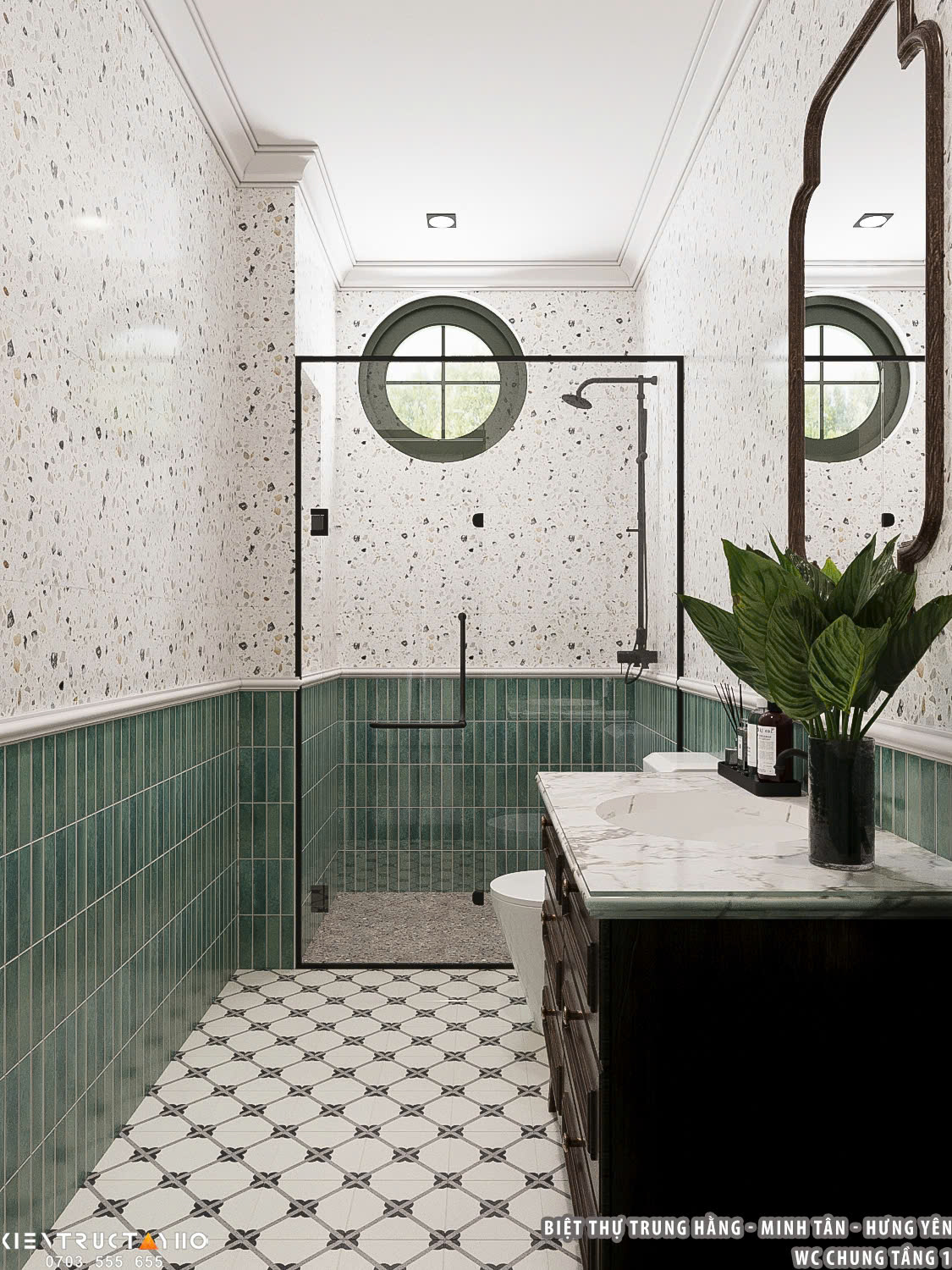 Không gian phòng tắm sử dụng gạch terrazzo kết hợp kính trong suốt, tạo cảm giác sạch sẽ và hiện đại.