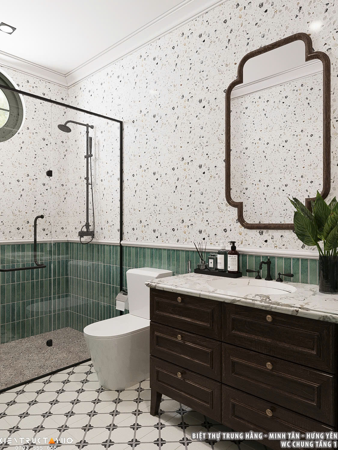 Khu vực lavabo nổi bật với mặt đá sáng và tủ gỗ tối, mang lại sự cân bằng về màu sắc và vật liệu.