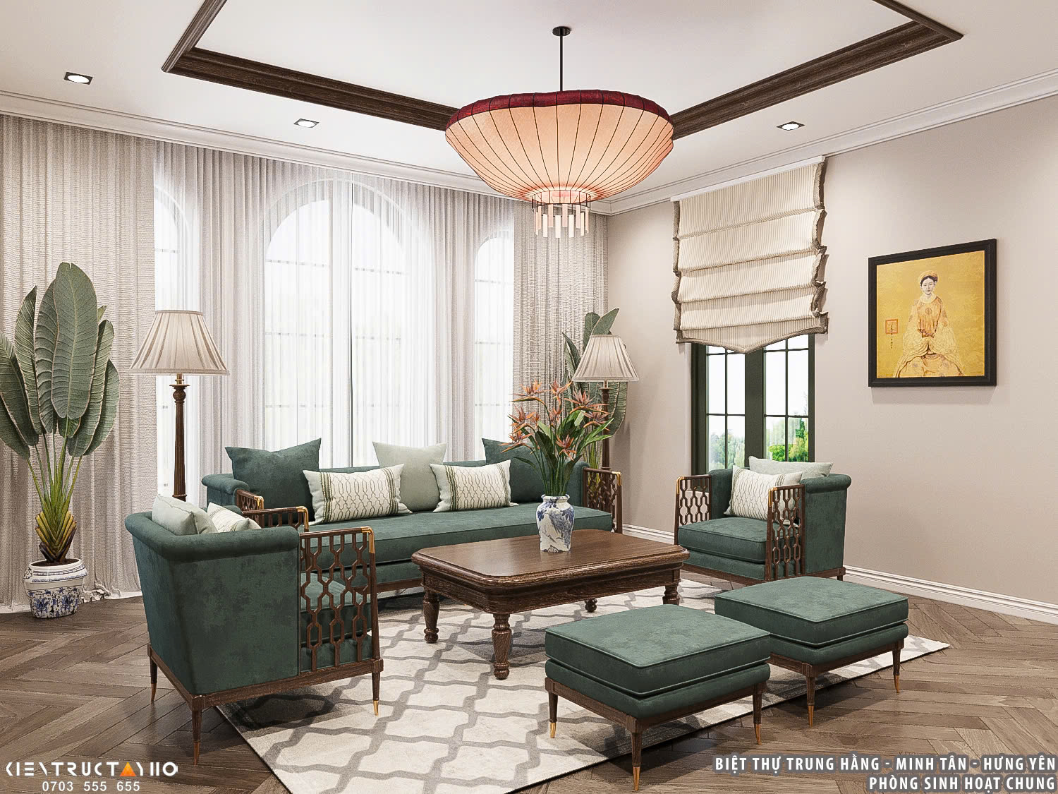 Phòng sinh hoạt chung sử dụng tone xanh trầm kết hợp ánh sáng mềm, tạo cảm giác thư giãn và riêng tư.