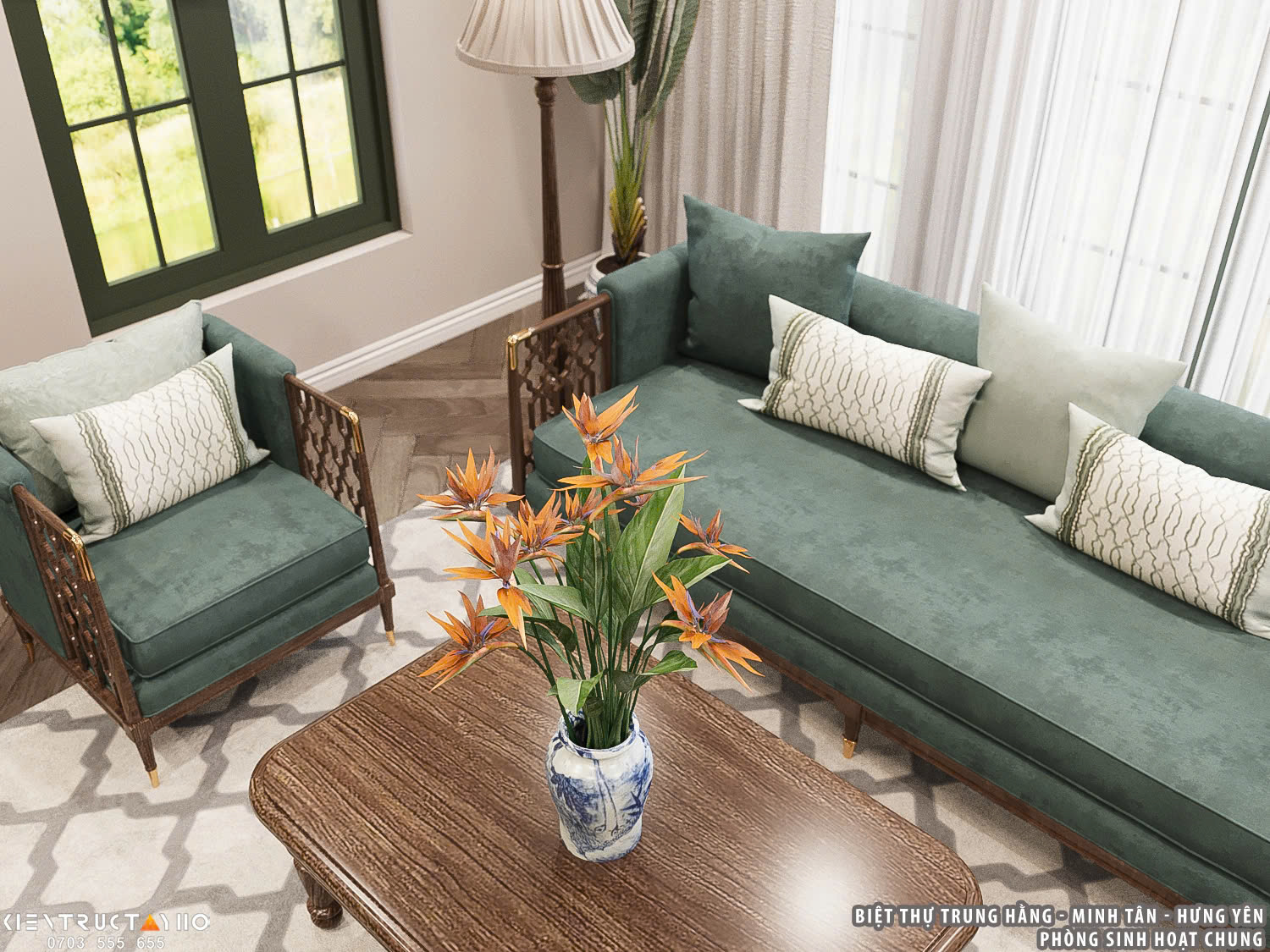 Chi tiết sofa và bàn trà được thiết kế tinh giản, nhấn mạnh vào sự thoải mái trong sinh hoạt hàng ngày.