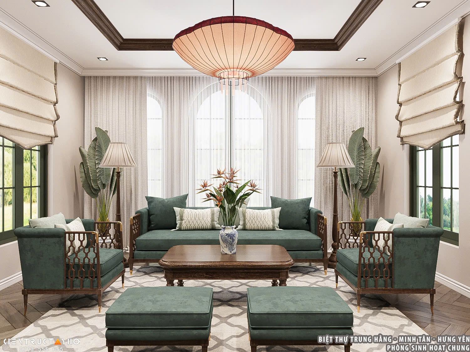 Bố cục đối xứng cùng hệ cửa lớn giúp không gian sinh hoạt chung luôn thông thoáng và tràn ngập ánh sáng.