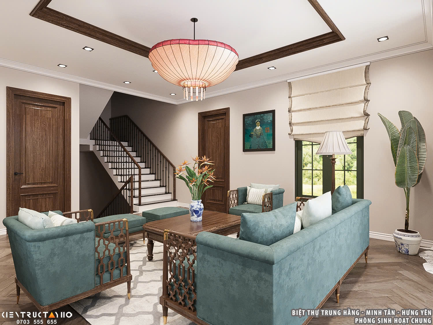 Góc nhìn hướng cầu thang thể hiện sự liên kết không gian linh hoạt giữa các khu vực chức năng.