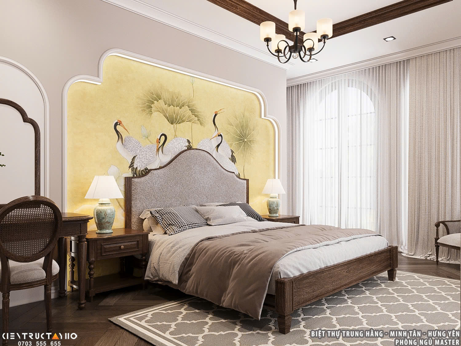 Phòng ngủ master nổi bật với mảng tường nghệ thuật phía đầu giường, tạo chiều sâu và cá tính riêng cho không gian.