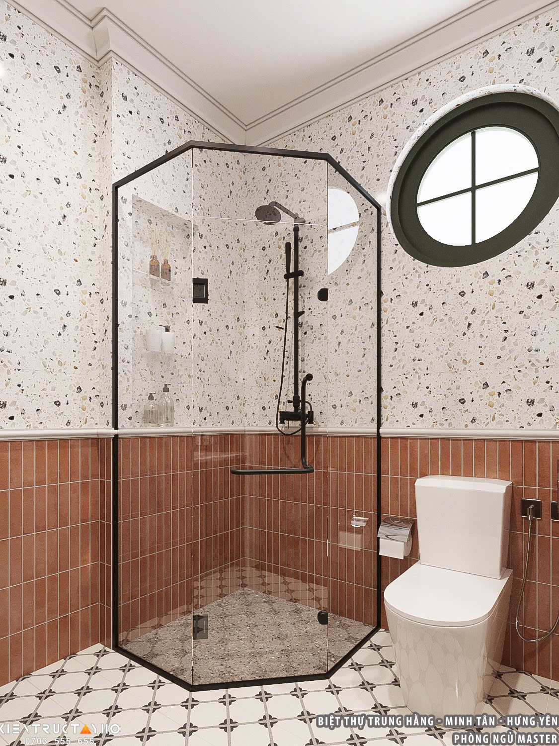 Khu vực tắm đứng thiết kế vách kính góc vát, kết hợp gạch terrazzo và phụ kiện đen tạo điểm nhấn hiện đại.