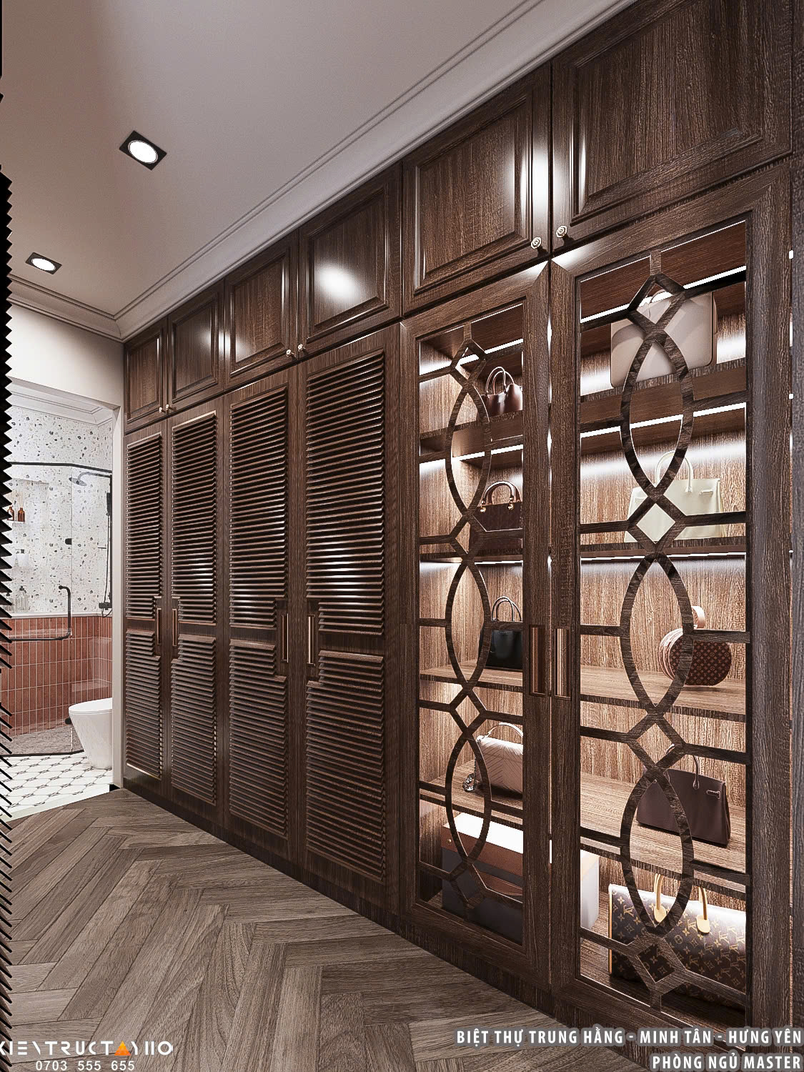 Hệ tủ thay đồ kết hợp kính trang trí và đèn led âm tạo hiệu ứng trưng bày sang trọng như boutique.