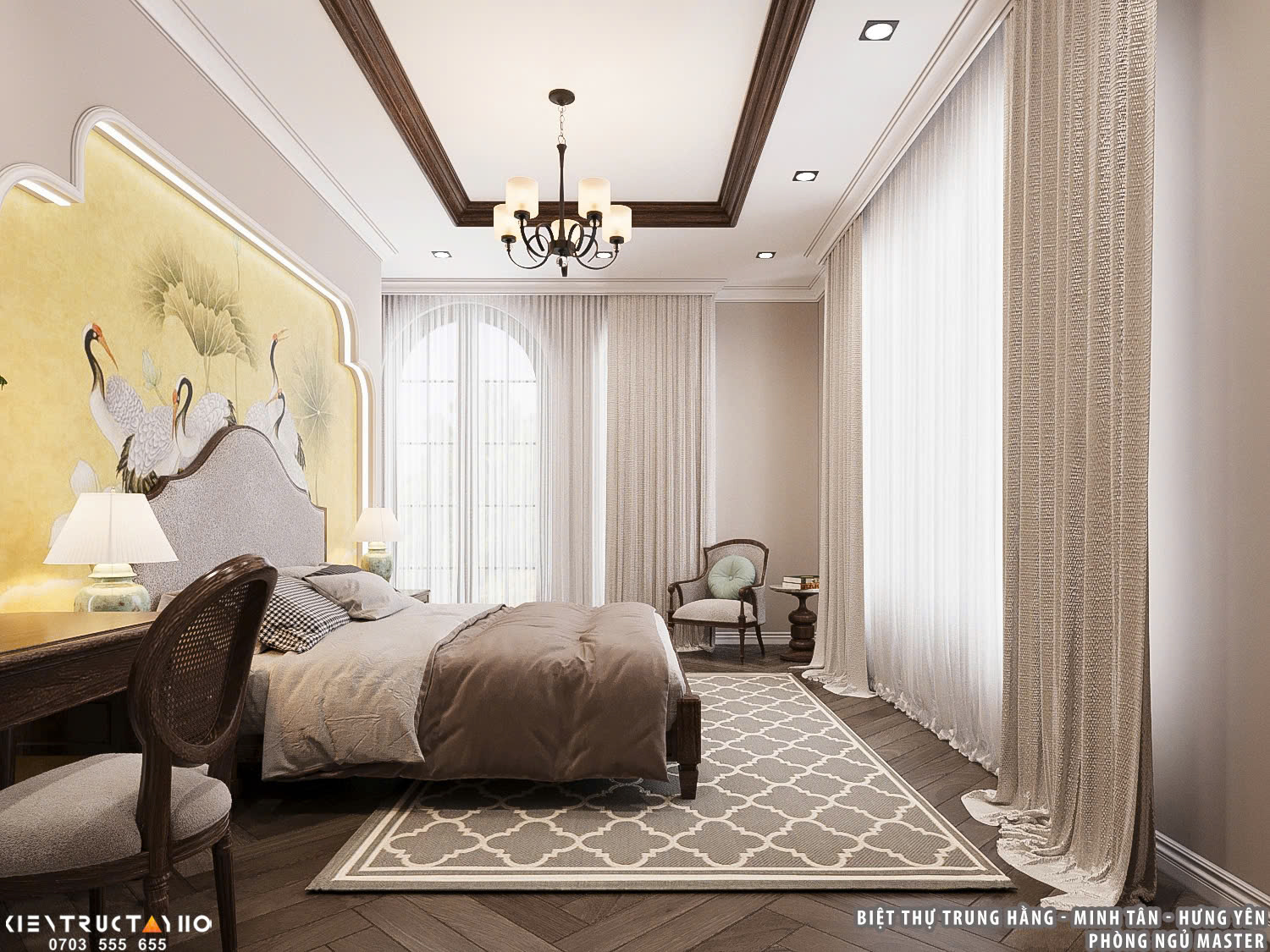 Không gian phòng ngủ master rộng thoáng, tận dụng tối đa ánh sáng tự nhiên từ hệ cửa lớn hai bên.