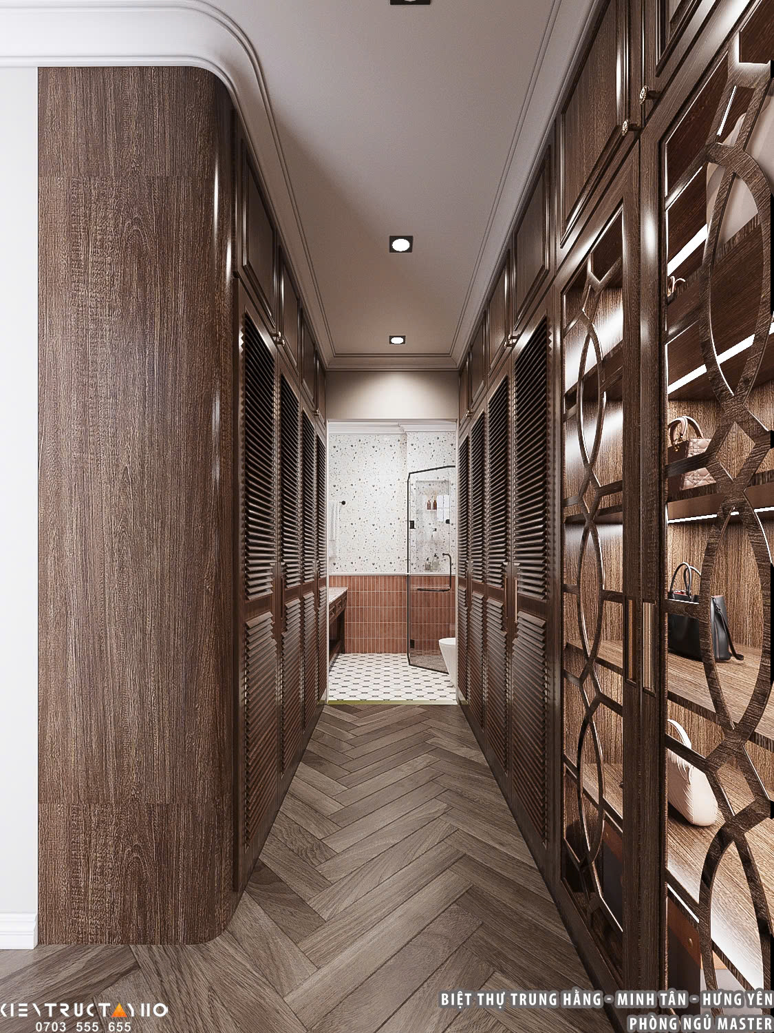 Hành lang tủ đồ được thiết kế dạng walk-in closet, tối ưu công năng lưu trữ và trải nghiệm sử dụng.