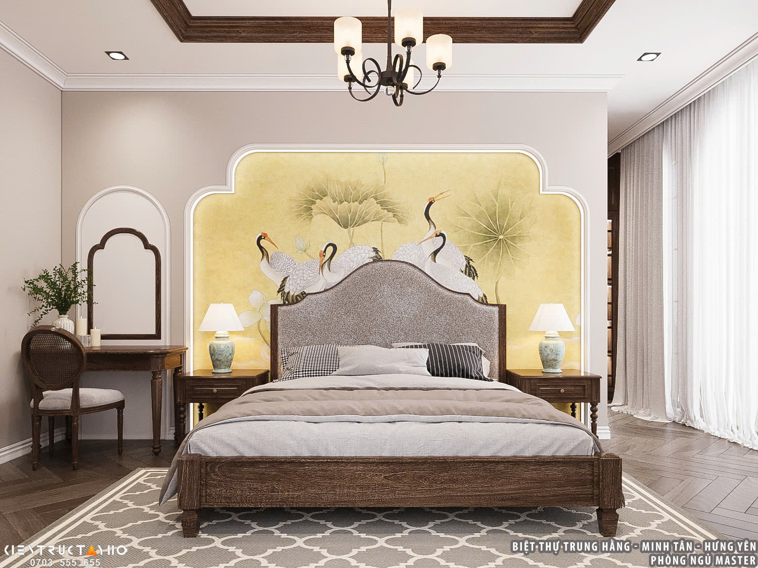 Phòng ngủ tầng 2 mang phong cách nhẹ nhàng với bố cục gọn gàng và góc làm việc nhỏ tiện dụng.