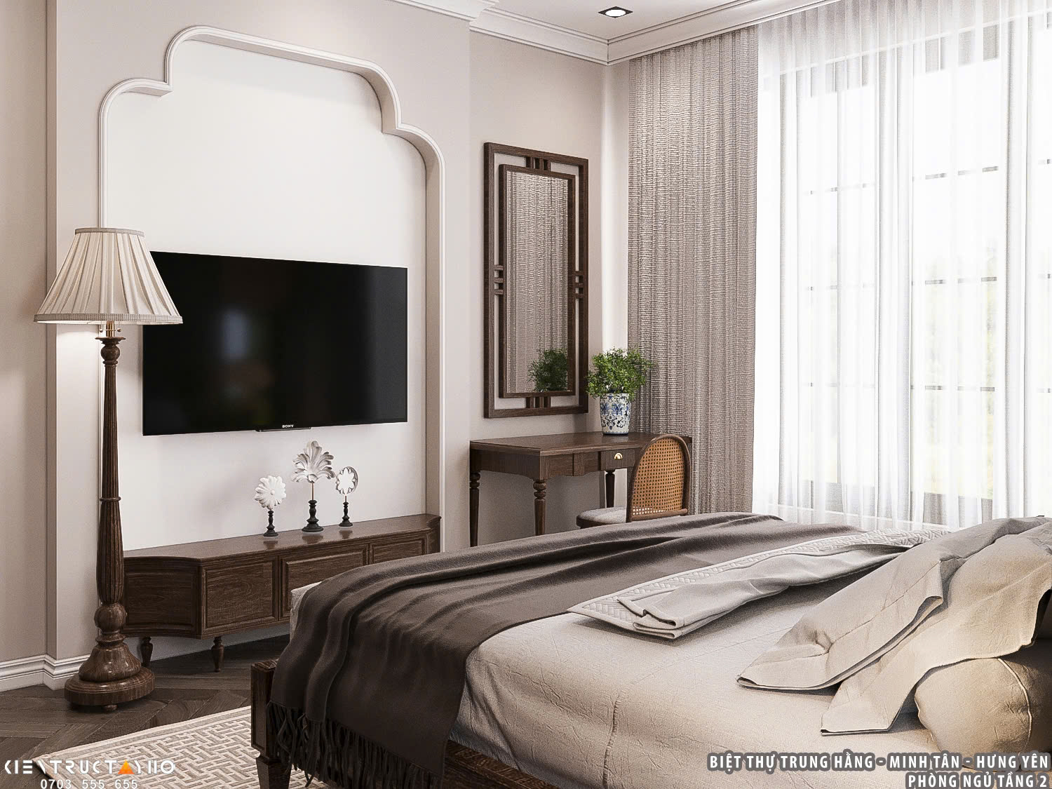 Thiết kế phòng ngủ chú trọng sự ấm cúng với vật liệu gỗ chủ đạo và ánh sáng dịu nhẹ.