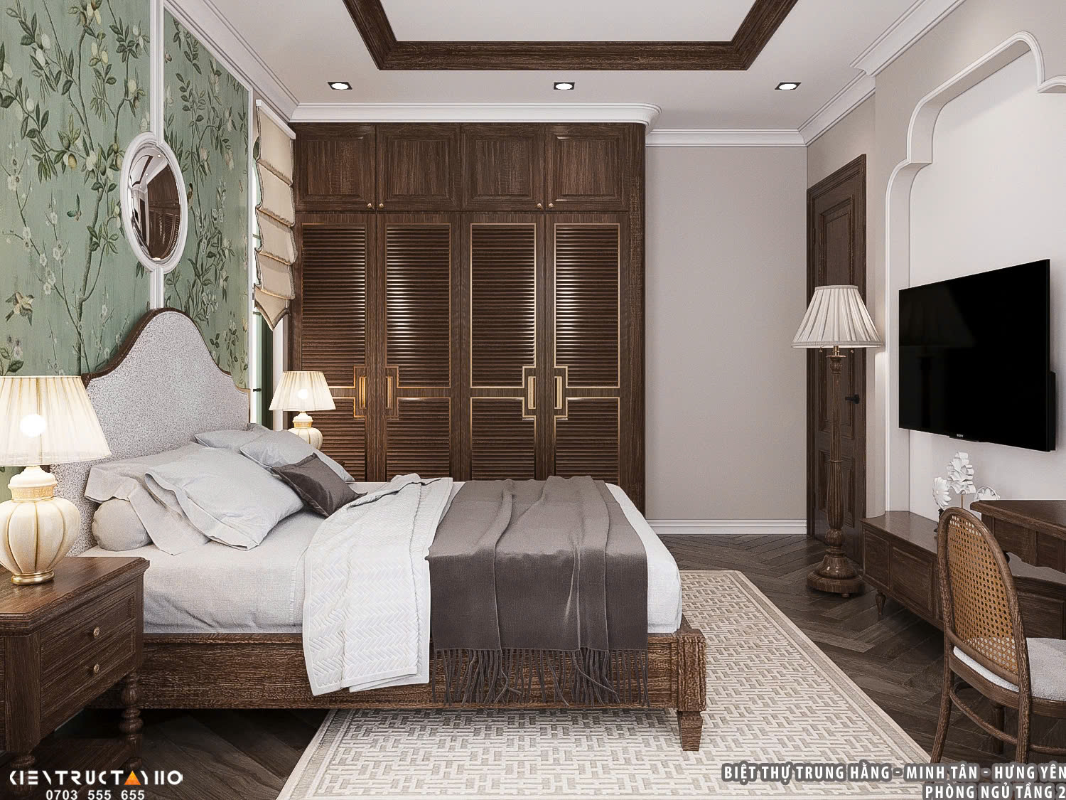 Mảng tường đầu giường sử dụng tranh họa tiết thiên nhiên tạo cảm giác thư thái và gần gũi.