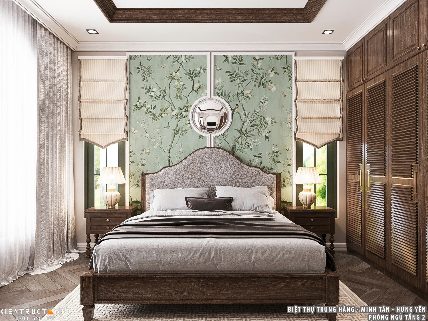 Bố cục đối xứng kết hợp hệ tủ lớn giúp không gian phòng ngủ vừa tiện nghi vừa hài hòa về thẩm mỹ.