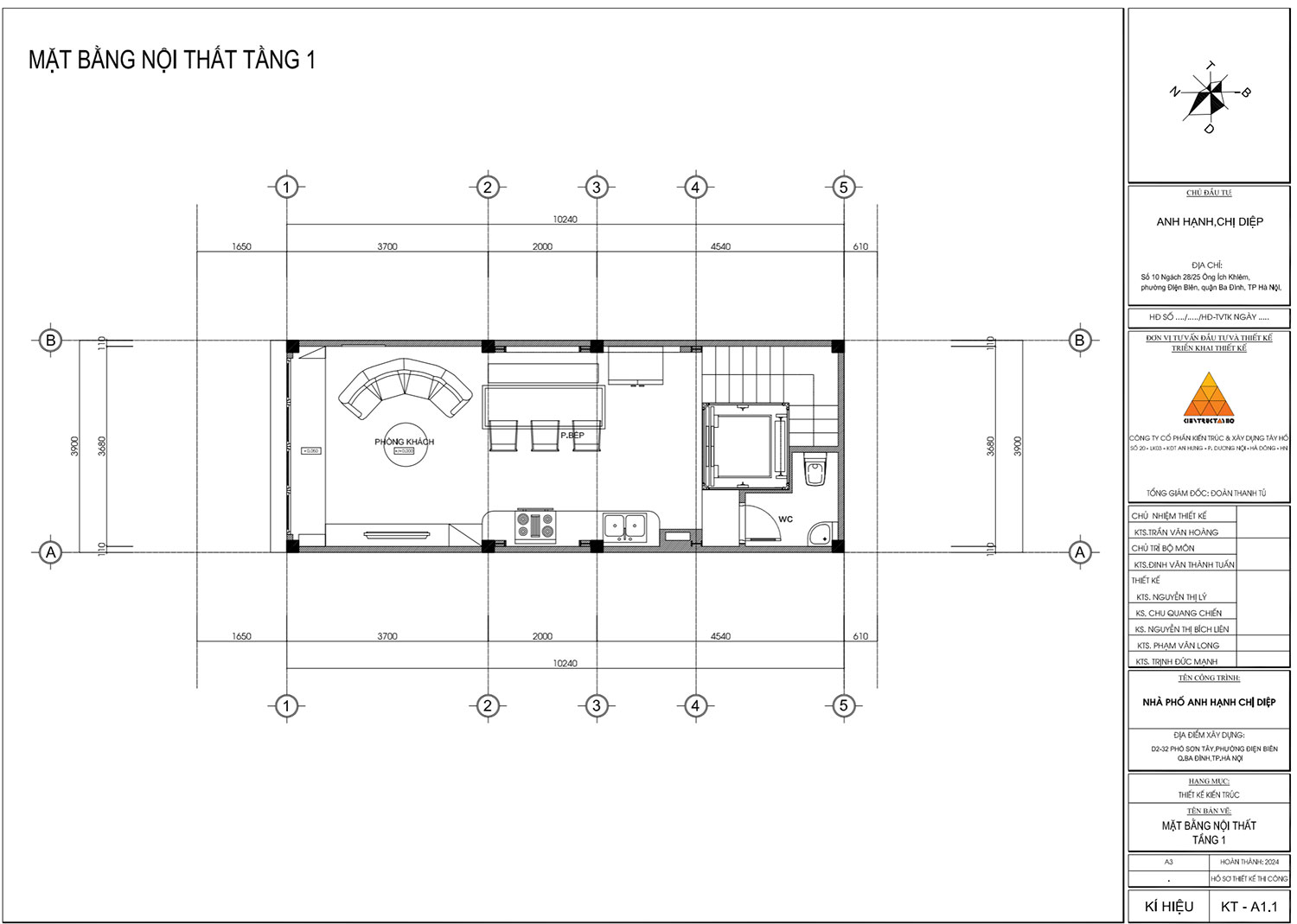 Tầng 1 được tổ chức gọn với phòng khách phía trước, khu bếp ở giữa và lõi thang – vệ sinh phía sau. Cách bố trí này giúp tầng trệt phục vụ tốt sinh hoạt hằng ngày, đồng thời giữ giao thông đứng tách khỏi khu tiếp khách.