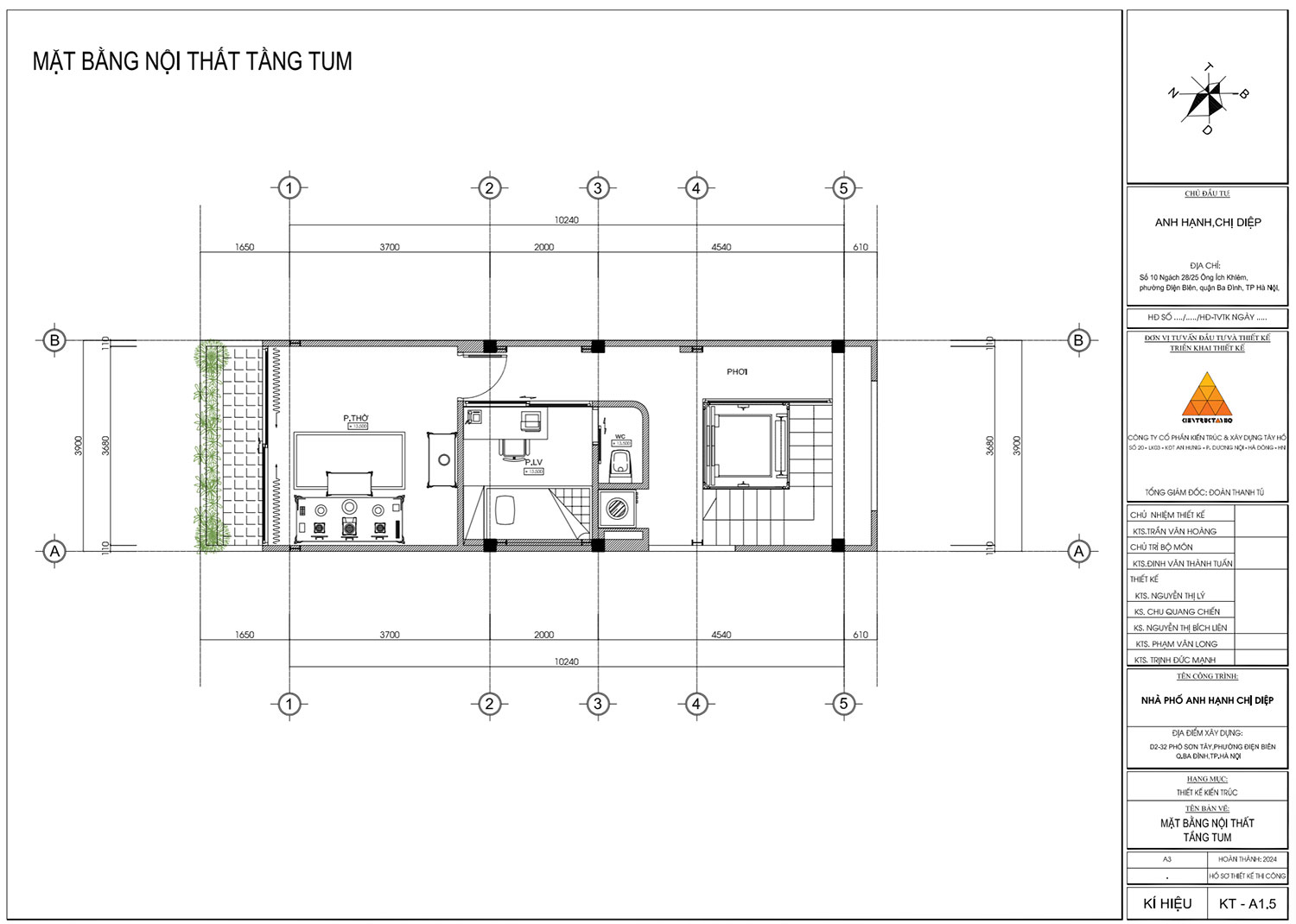 Tầng tum được bố trí phòng thờ, phòng làm việc và khu phơi, tách khỏi các tầng ngủ phía dưới. Đây là lớp không gian tĩnh hơn, phù hợp cho sinh hoạt tinh thần và các chức năng phụ trợ của gia đình.