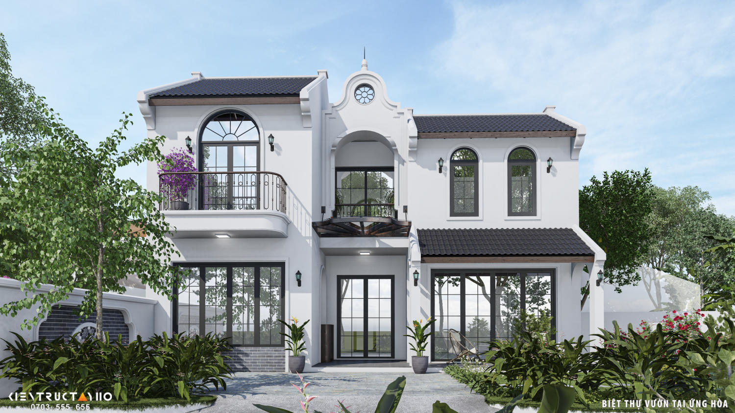 Mặt tiền biệt thự được tổ chức cân đối với khối sảnh trung tâm, mái dốc và hệ cửa vòm mềm mại. Gam trắng chủ đạo kết hợp khung cửa tối màu tạo cảm giác sáng, sạch và trang nhã.