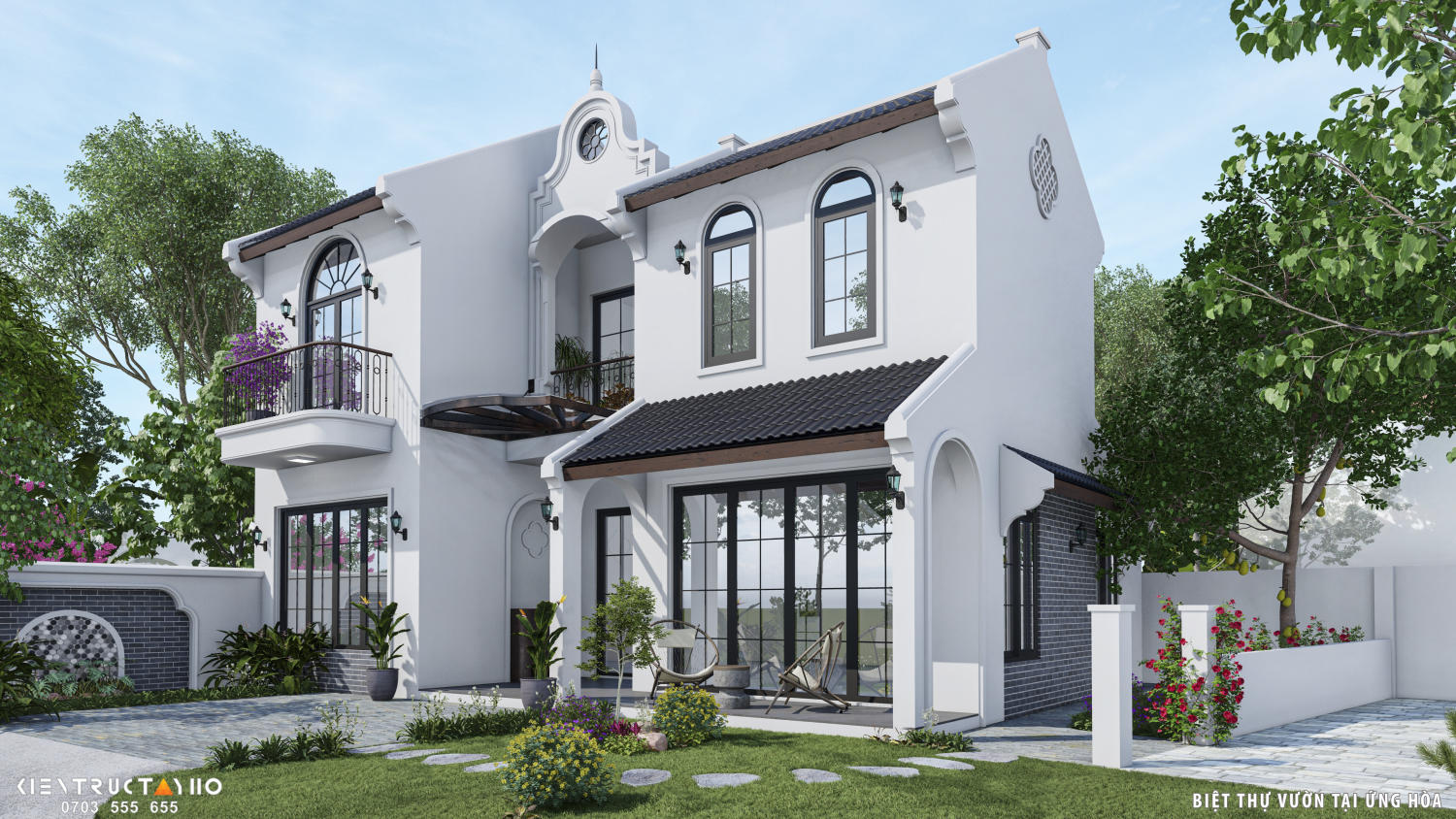 Góc nhìn chéo cho thấy rõ các lớp mái và khối nhà được xử lý linh hoạt, tránh cảm giác nặng nề. Sân vườn phía trước giúp công trình gần gũi hơn với không gian sống ngoại ô.