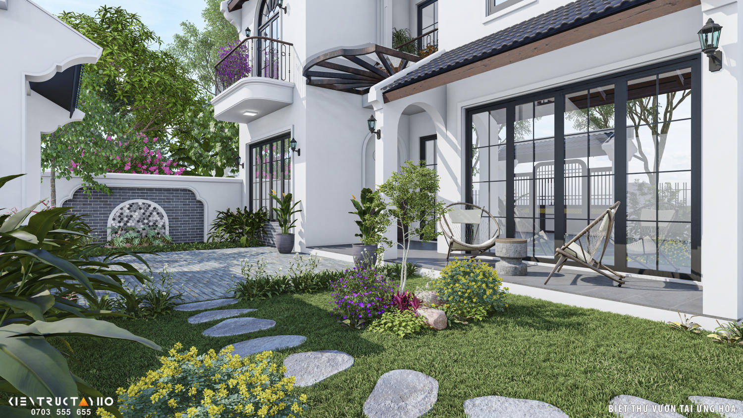 Khoảng sân trước được thiết kế nhẹ nhàng với lối dạo đá, thảm cỏ và cây hoa thấp tầng. Hệ cửa kính lớn mở ra hiên giúp không gian trong nhà kết nối trực tiếp với sân vườn.