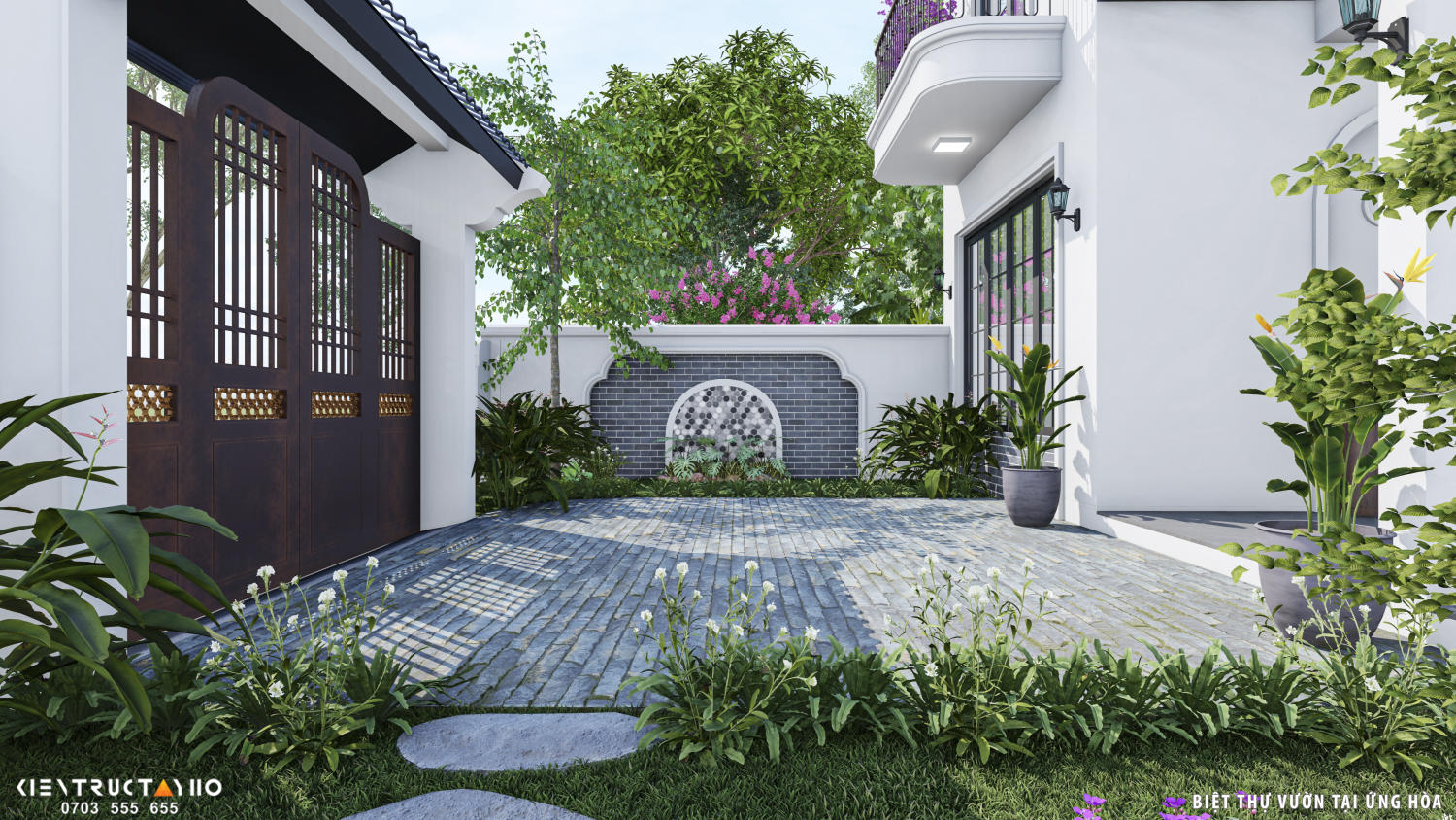 Khu vực cổng và sân lát đá mang lại cảm giác chỉn chu ngay từ lối vào. Chi tiết tường trang trí, cây xanh và cổng gỗ tạo nên vẻ gần gũi nhưng vẫn có điểm nhấn.