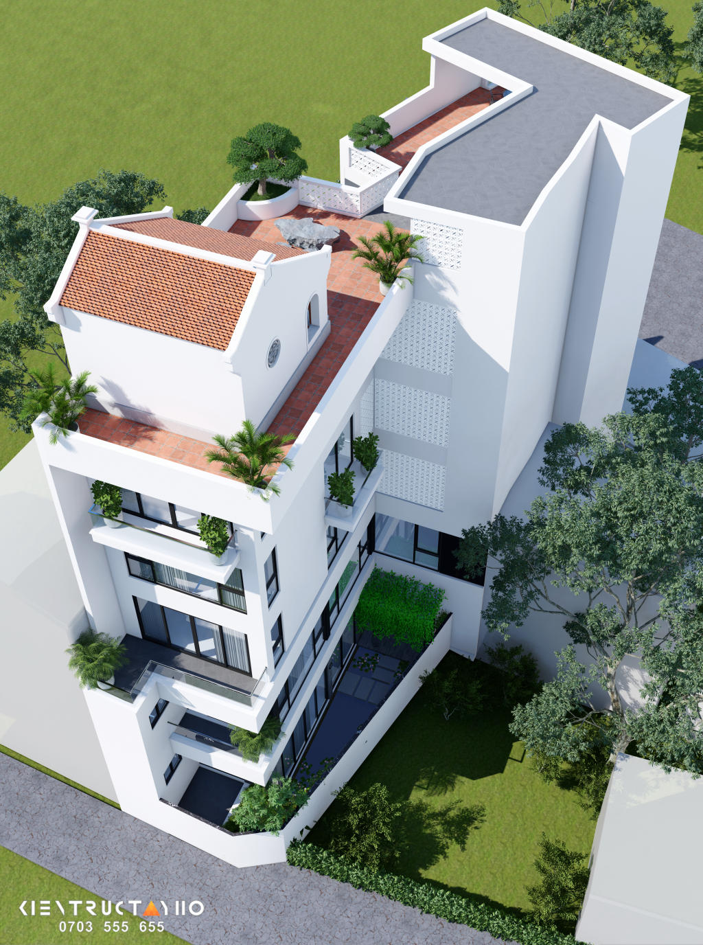 Hình ảnh thể hiện rõ mối liên kết giữa nhà ở hiện đại và khu vực thờ tự trên cao. Các khoảng sân lát gạch đỏ, mảng tường trắng và cây xanh được tổ chức thành một chuỗi không gian mở, có tính riêng tư nhưng vẫn đủ thoáng.