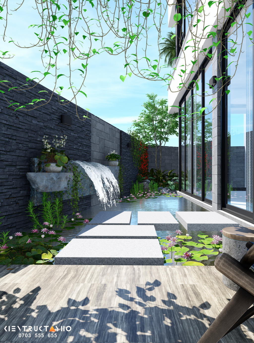 Góc nhìn cận cảnh sân nước cho thấy rõ ý đồ đưa thiên nhiên vào sát không gian sống. Tiếng nước, bóng cây và hệ cửa kính lớn tạo nên một khoảng nghỉ tĩnh, nơi người ở có thể nhìn ra vườn ngay từ bên trong nhà.